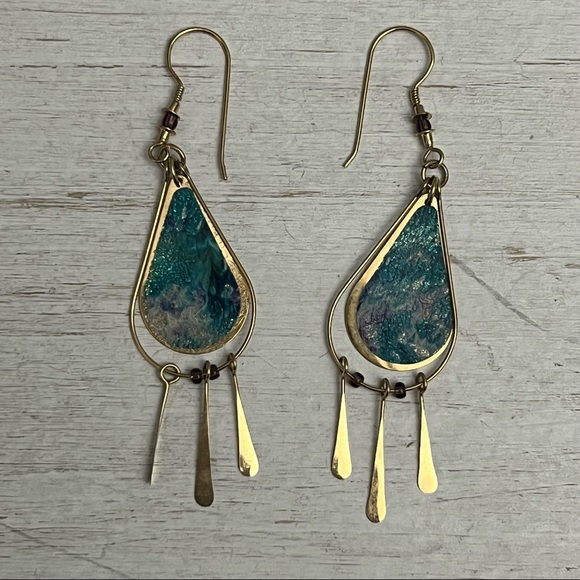 Artisan Gold Tone Tear Drop Dangle Earrings - Picture 2 of 12